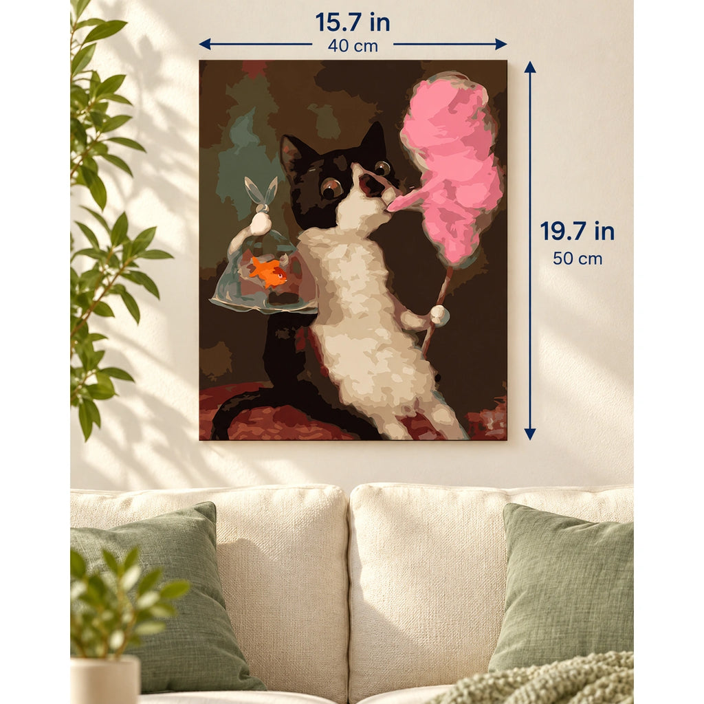 Tuxedo Cat with Cotton Candy and Goldfish canvas in a styled room, 15.7 × 19.7 in / 40 × 50 cm.