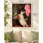 Tuxedo Cat with Cotton Candy and Goldfish canvas in a styled room, 15.7 × 19.7 in / 40 × 50 cm.