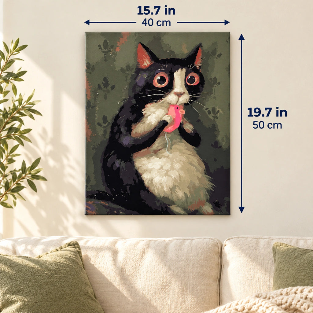 Tuxedo Cat with a Pink Toy Mouse canvas in a styled room, 15.7 × 19.7 in / 40 × 50 cm.
