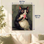 Tuxedo Cat with a Pink Toy Mouse canvas in a styled room, 15.7 × 19.7 in / 40 × 50 cm.