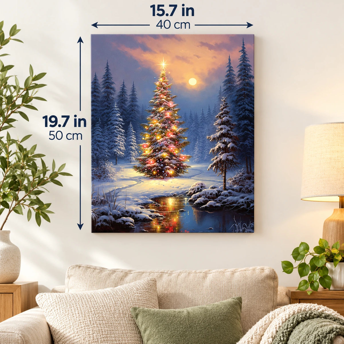 Twilight Christmas Woodland Tree paint by numbers canvas displayed in a bright living room, 15.7 × 19.7 in / 40 × 50 cm