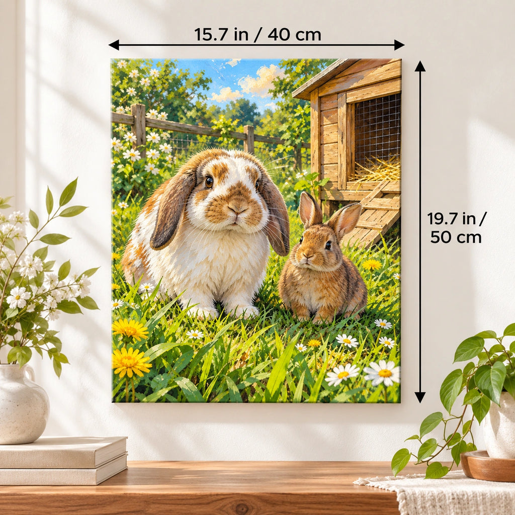 40 × 50 cm (15.7 × 19.7 in) size guide for Two Rabbits by a Garden Hutch paint by numbers kit
