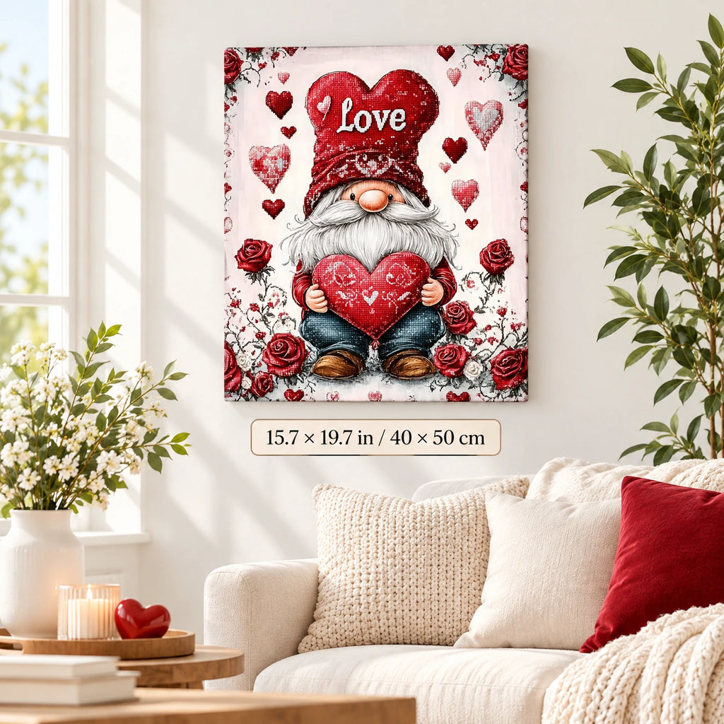 Valentine Gnome Heart paint by numbers canvas displayed in a bright living room, 15.7 × 19.7 in / 40 × 50 cm