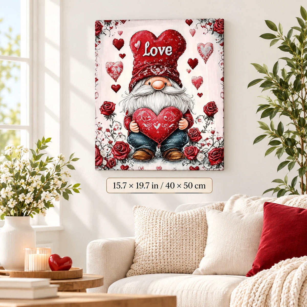 Valentine Gnome Heart paint by numbers canvas displayed in a bright living room, 15.7 × 19.7 in / 40 × 50 cm