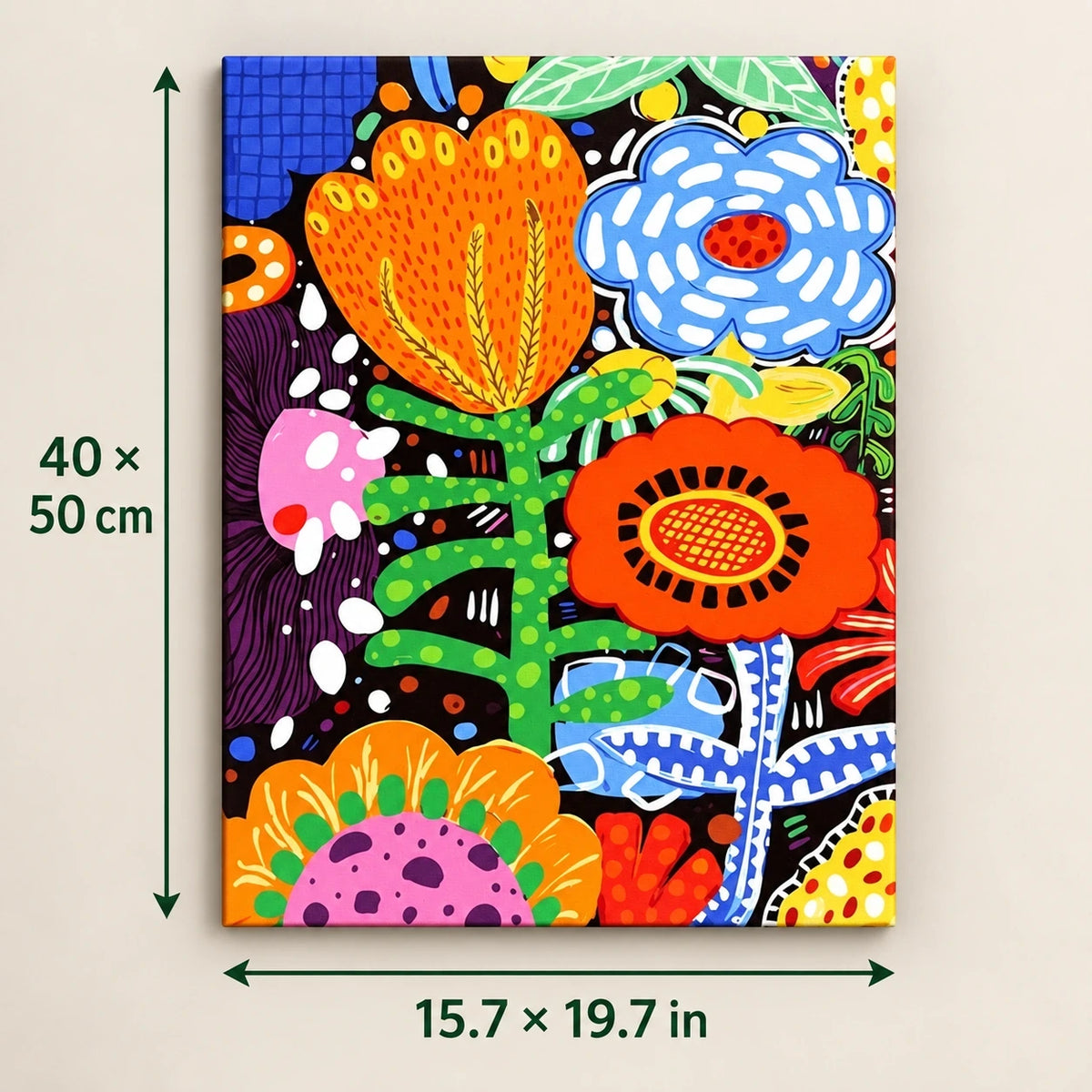 Vibrant Tropical Floral Blooms shown in a styled room with 15.7 x 19.7 in and 40 x 50 cm dimensions