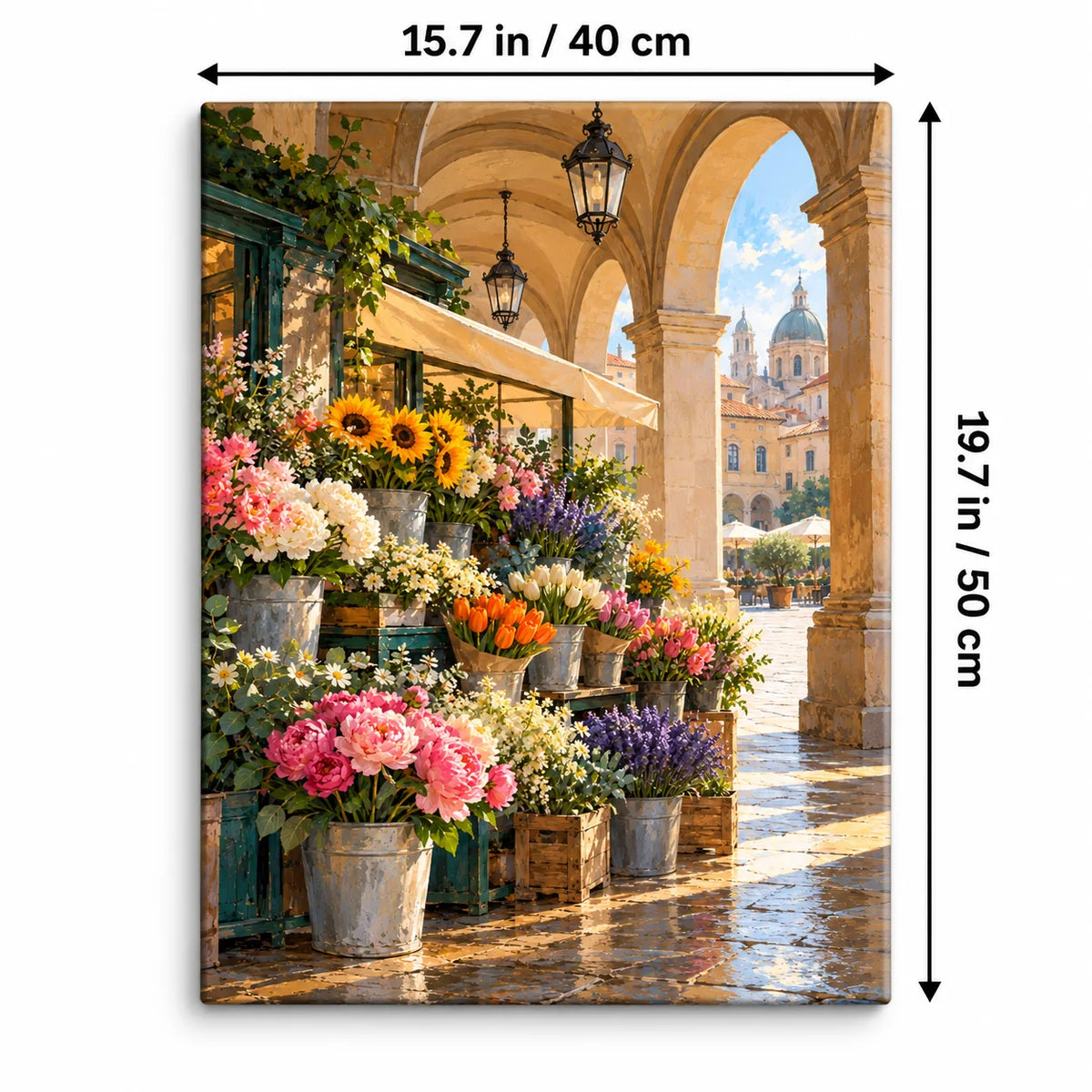 Portrait 40 × 50 cm size guide for the vienna florist market morning paint by numbers kit.