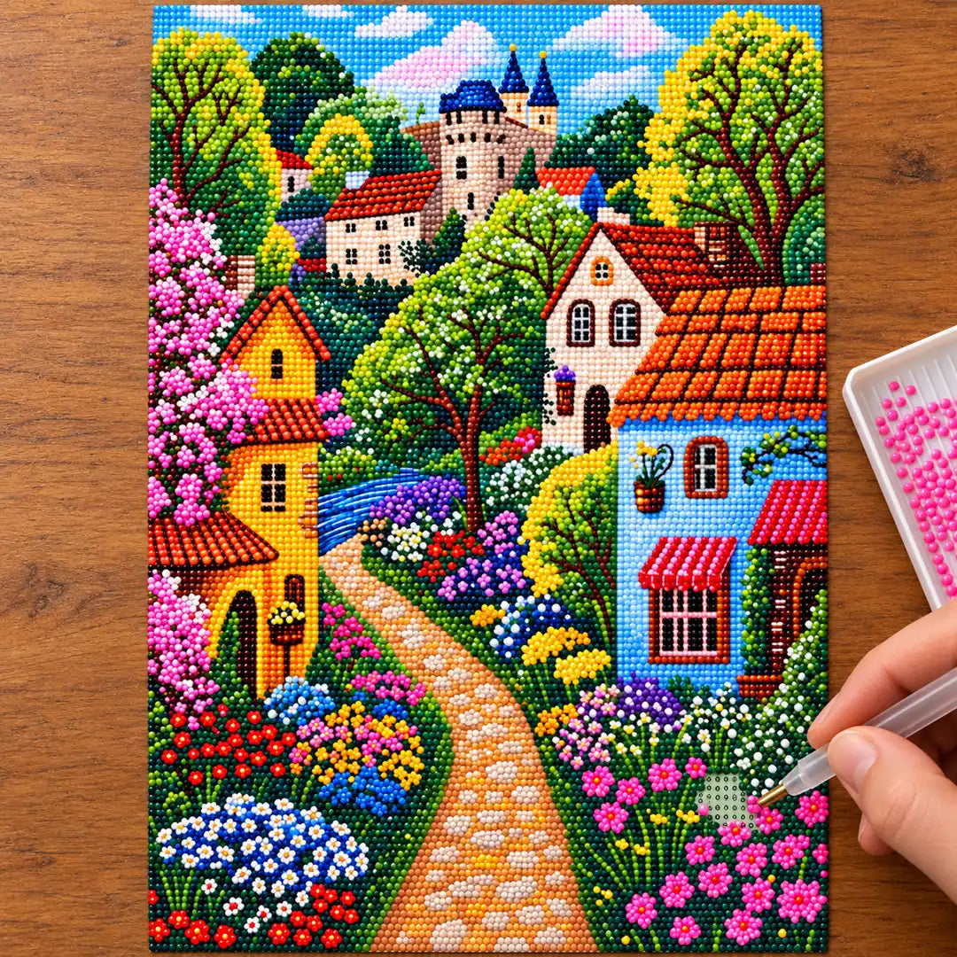 Hands placing drills on the village lane pink blossoms diamond painting canvas