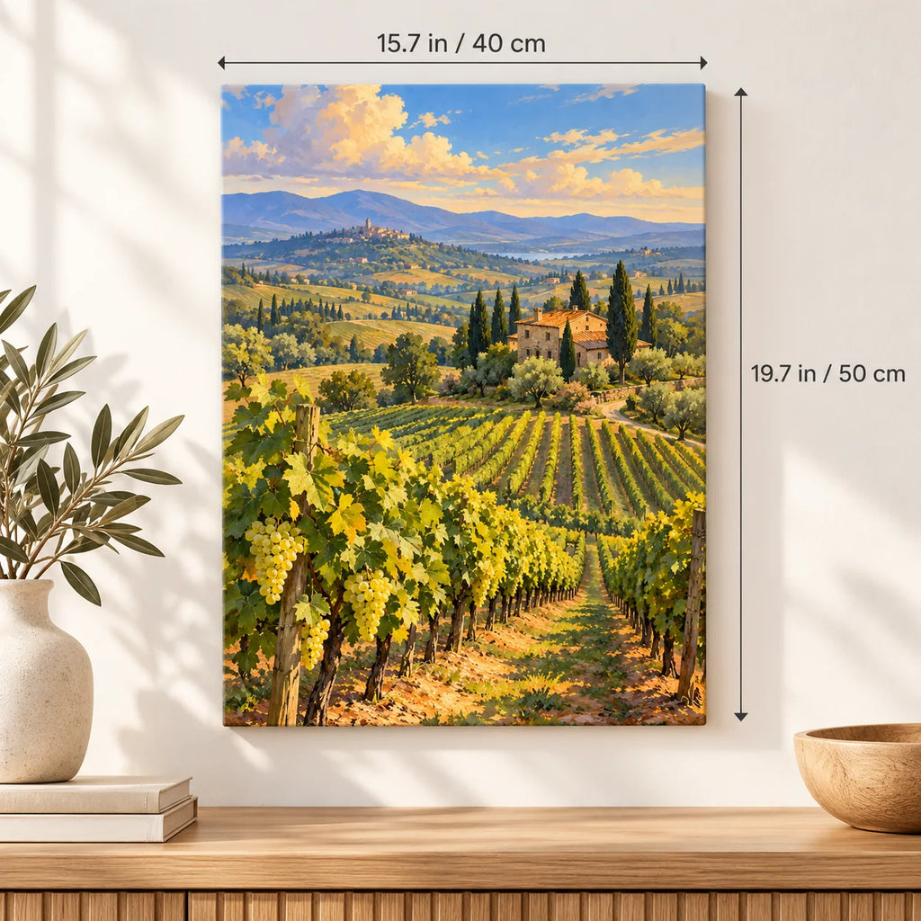 Vineyard Harvest Morning shown in a styled room with 15.7 × 19.7 in and 40 × 50 cm dimensions