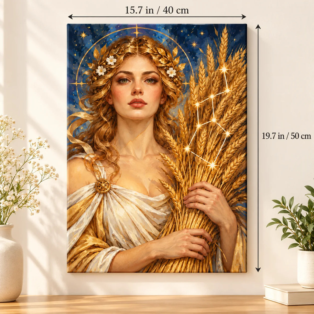 Portrait size guide for the Virgo Harvest Maiden Dawn paint by numbers kit, 15.7 × 19.7 in (40 × 50 cm).