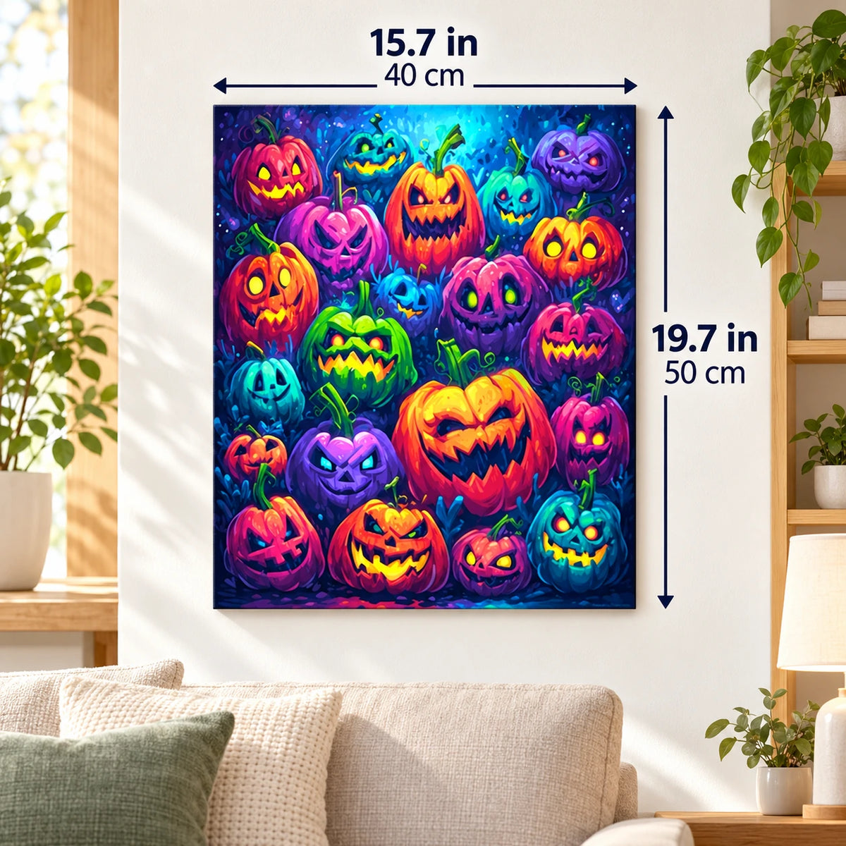 Vivid Jack O Lantern Assembly paint by numbers canvas displayed in a bright living room, 15.7 × 19.7 in / 40 × 50 cm
