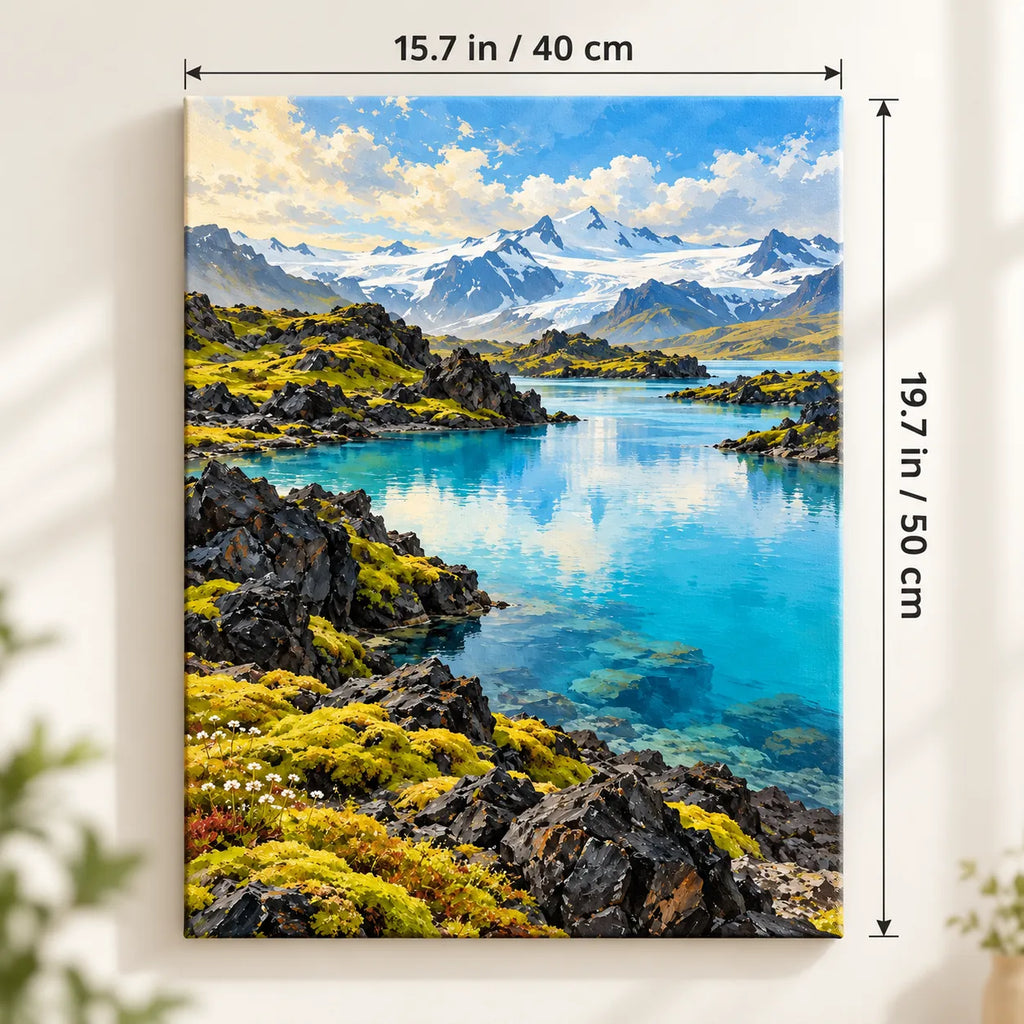 Volcanic Lava Field Blue Lake shown in a styled room with 15.7 × 19.7 in and 40 × 50 cm dimensions
