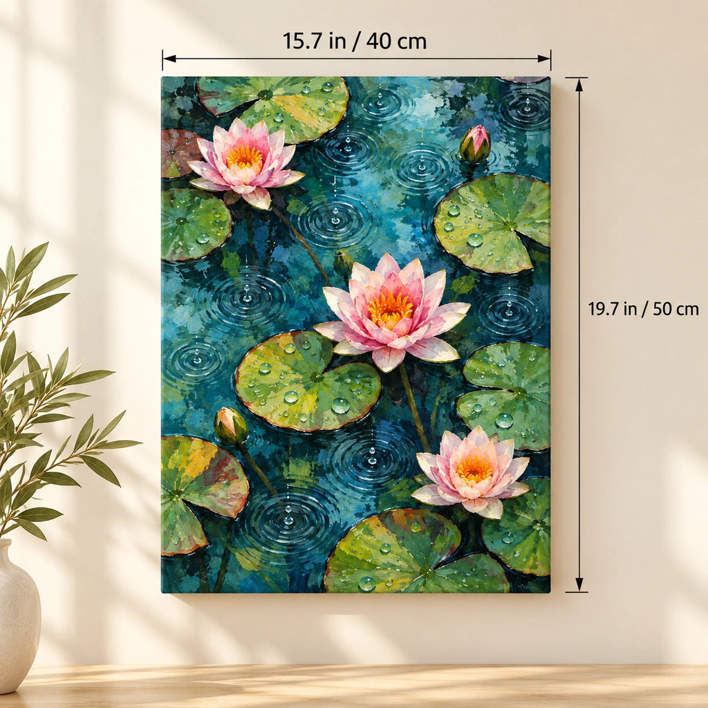 Water Lilies Rain Rings paint by numbers canvas shown with 15.7 × 19.7 in (40 × 50 cm) dimensions