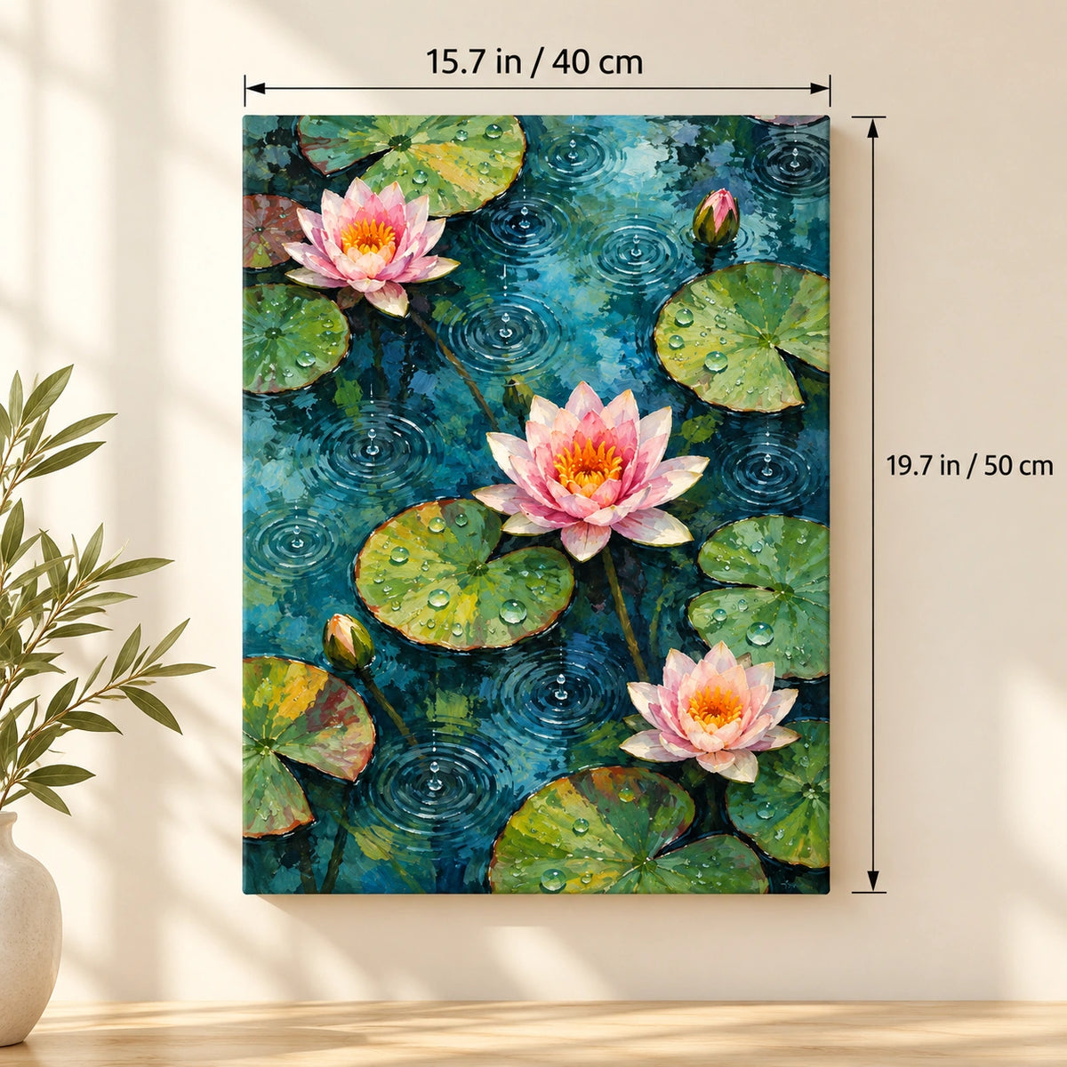 Water Lilies Rain Rings paint by numbers canvas shown with 15.7 × 19.7 in (40 × 50 cm) dimensions