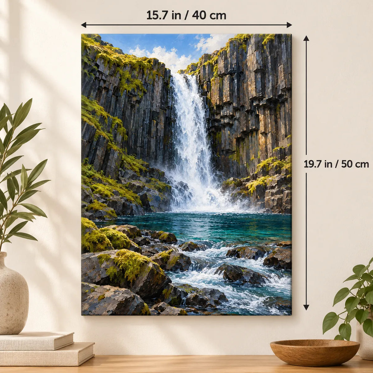 Waterfall Basalt Column shown in a styled room with 15.7 × 19.7 in and 40 × 50 cm dimensions