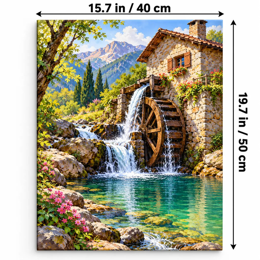 Portrait 40 × 50 cm size guide for the watermill pool green paint by numbers kit.