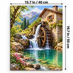 Portrait 40 × 50 cm size guide for the watermill pool green paint by numbers kit.