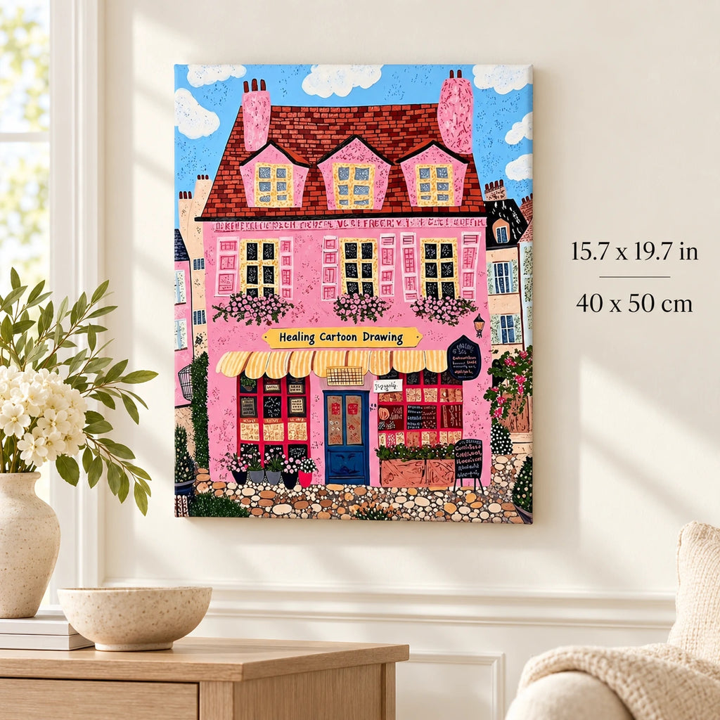 Whimsical Pink Bakery Storefront Paint by Numbers canvas in a styled room with 15.7 x 19.7 in and 40 x 50 cm dimensions