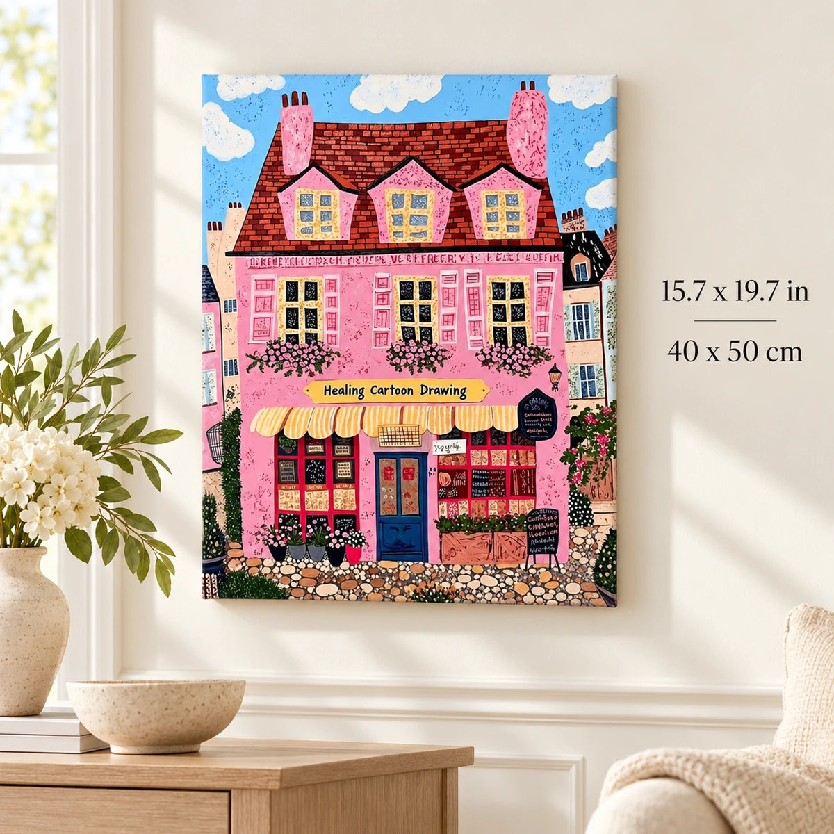 Whimsical Pink Bakery Storefront Paint by Numbers canvas in a styled room with 15.7 x 19.7 in and 40 x 50 cm dimensions