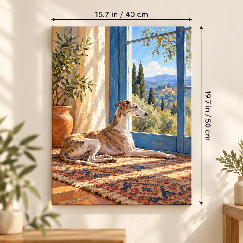 40 × 50 cm (15.7 × 19.7 in) size guide for Whippet by a Blue Window paint by numbers kit