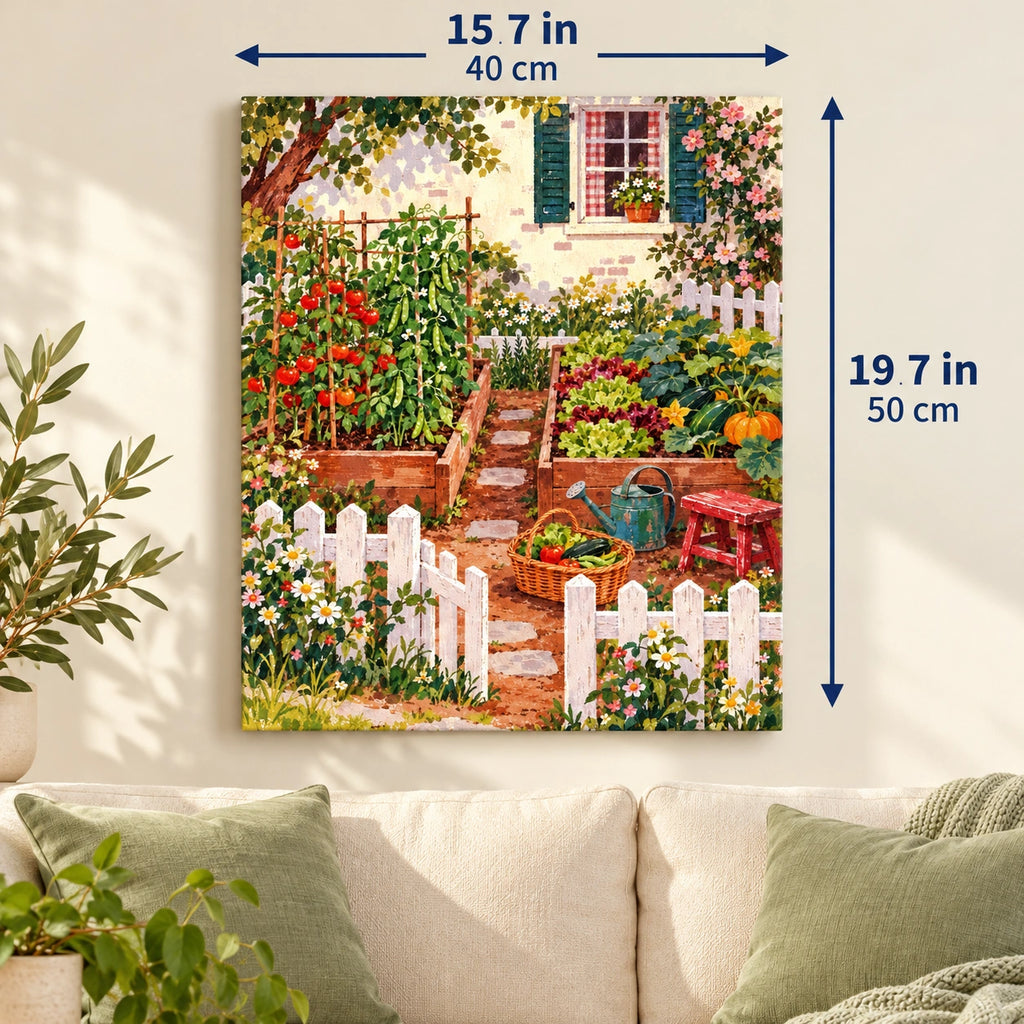 White Picket Cottage Vegetable Garden canvas in a styled room, 15.7 × 19.7 in / 40 × 50 cm.