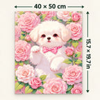 White Poodle Pink Rose Garden shown in a styled room with 15.7 x 19.7 in and 40 x 50 cm dimensions