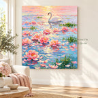 White Swan on Pastel Lotus Pond paint by numbers canvas in a styled room with 15.7 x 19.7 in and 40 x 50 cm dimensions