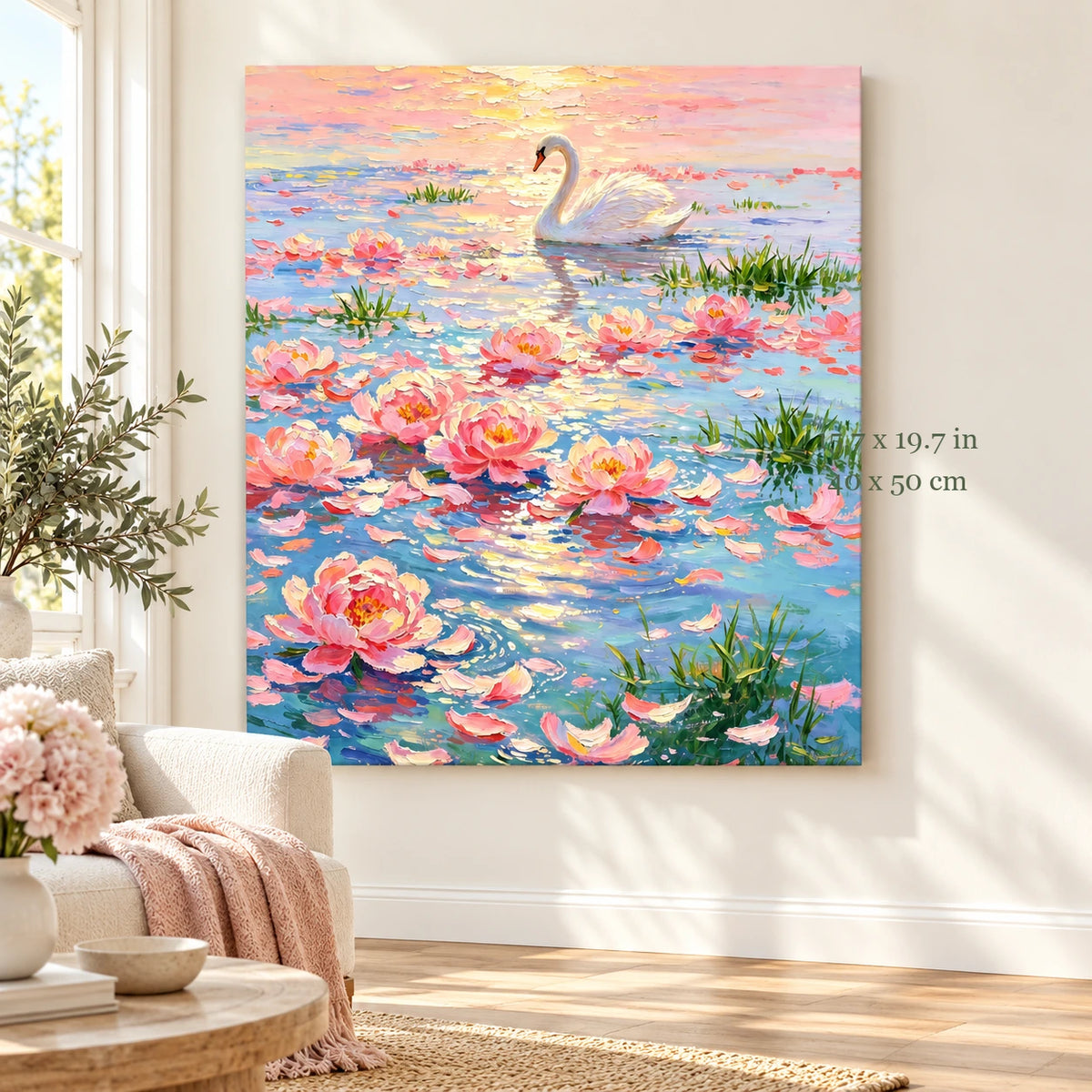 White Swan on Pastel Lotus Pond paint by numbers canvas in a styled room with 15.7 x 19.7 in and 40 x 50 cm dimensions