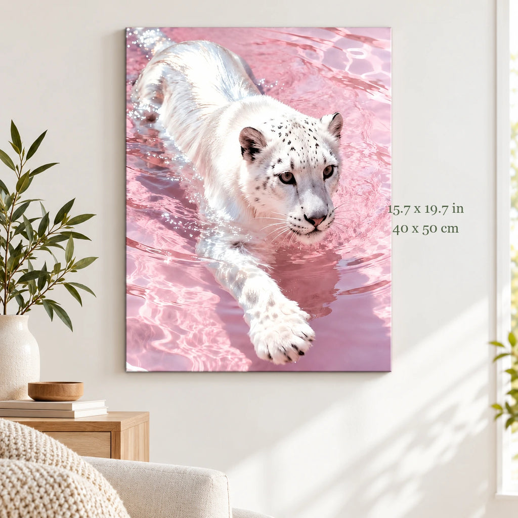 White Tiger in Pink Water paint by numbers canvas in a styled room with 15.7 x 19.7 in and 40 x 50 cm dimensions