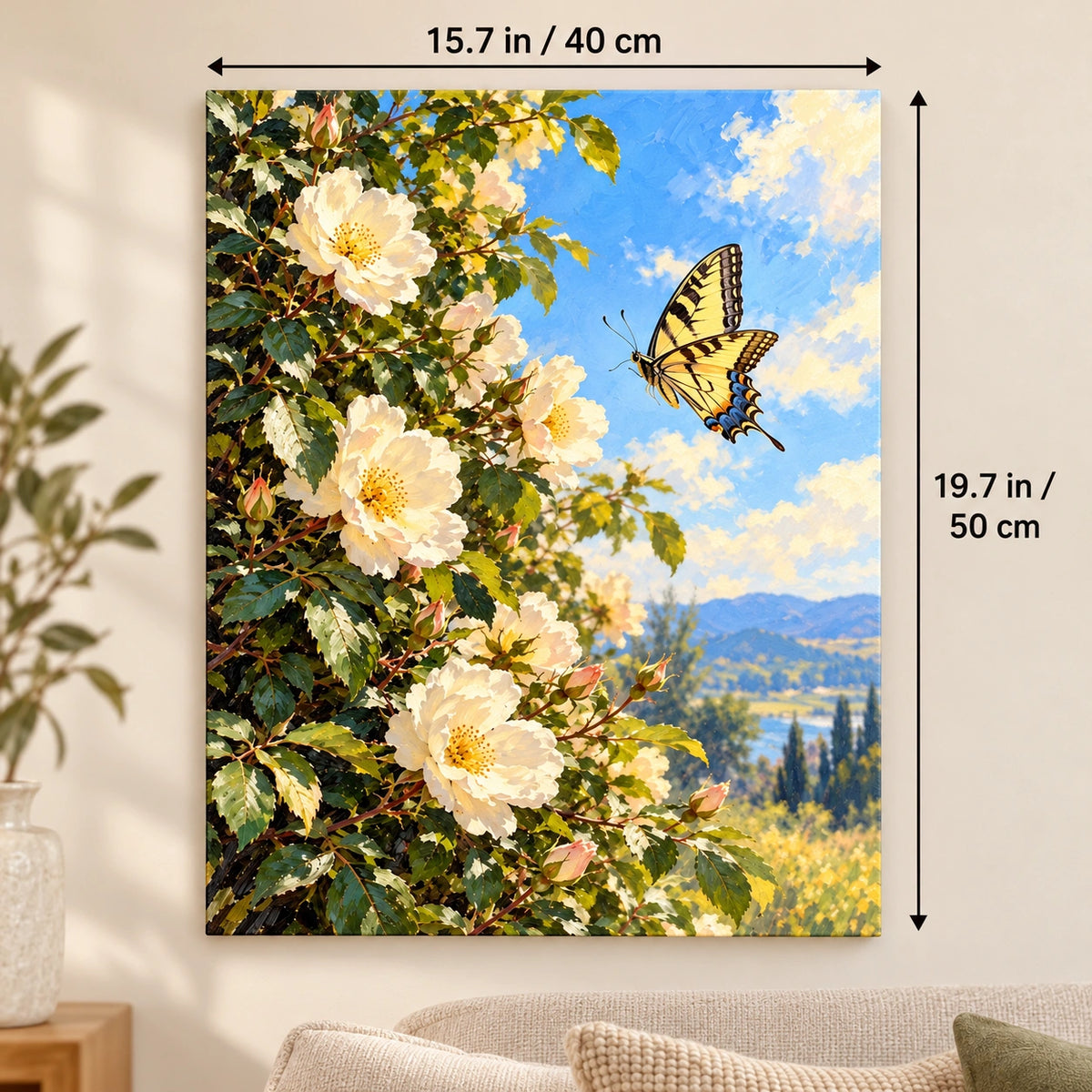 Portrait wild rose and butterfly canvas with size labels of 15.7 by 19.7 inches (40 by 50 cm).