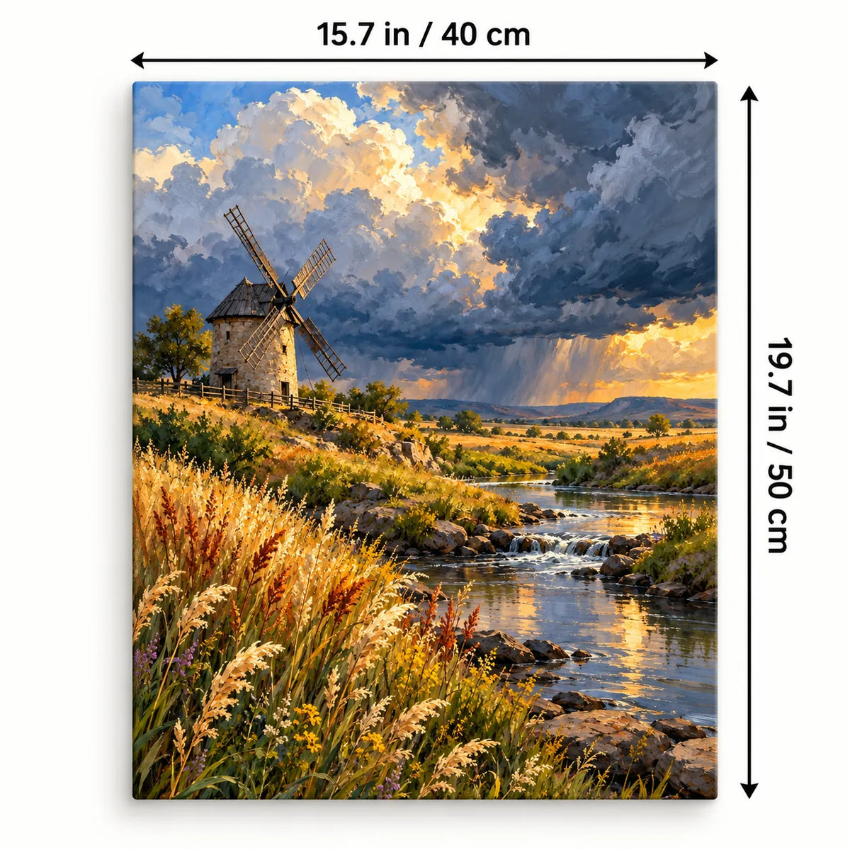 Portrait 40 × 50 cm size guide for the windmill prairie river cloudbank paint by numbers kit.