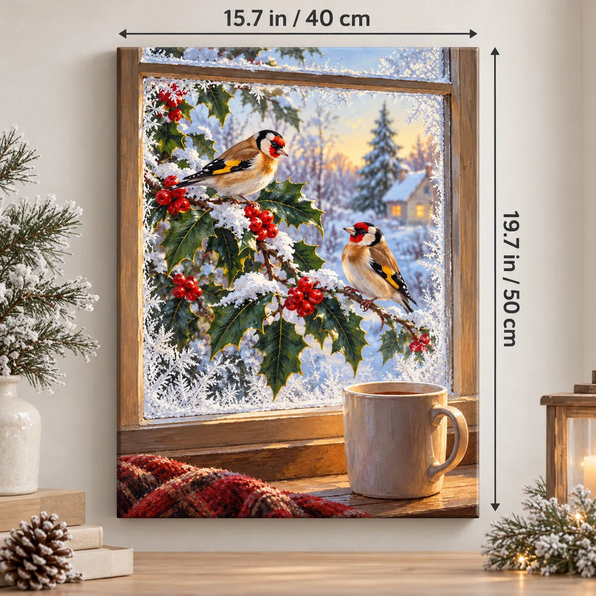 Winter Birds Holly Window paint by numbers kit shown in a styled room with 15.7 × 19.7 in (40 × 50 cm) dimensions