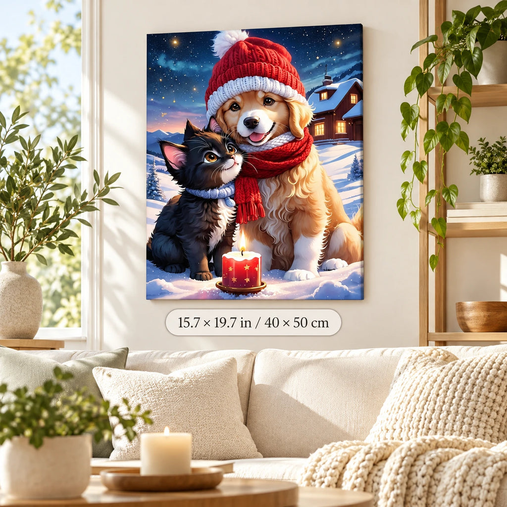 Winter Companions by Candlelight paint by numbers canvas displayed in a bright living room, 15.7 × 19.7 in / 40 × 50 cm
