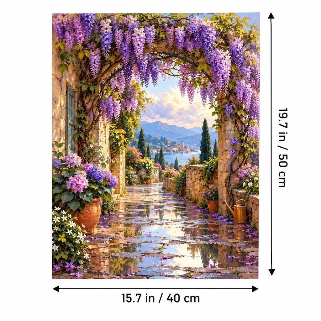 Wisteria Arch After Rain paint by numbers canvas shown in a styled room with 15.7 × 19.7 in (40 × 50 cm) dimensions