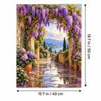 Wisteria Arch After Rain paint by numbers canvas shown in a styled room with 15.7 × 19.7 in (40 × 50 cm) dimensions