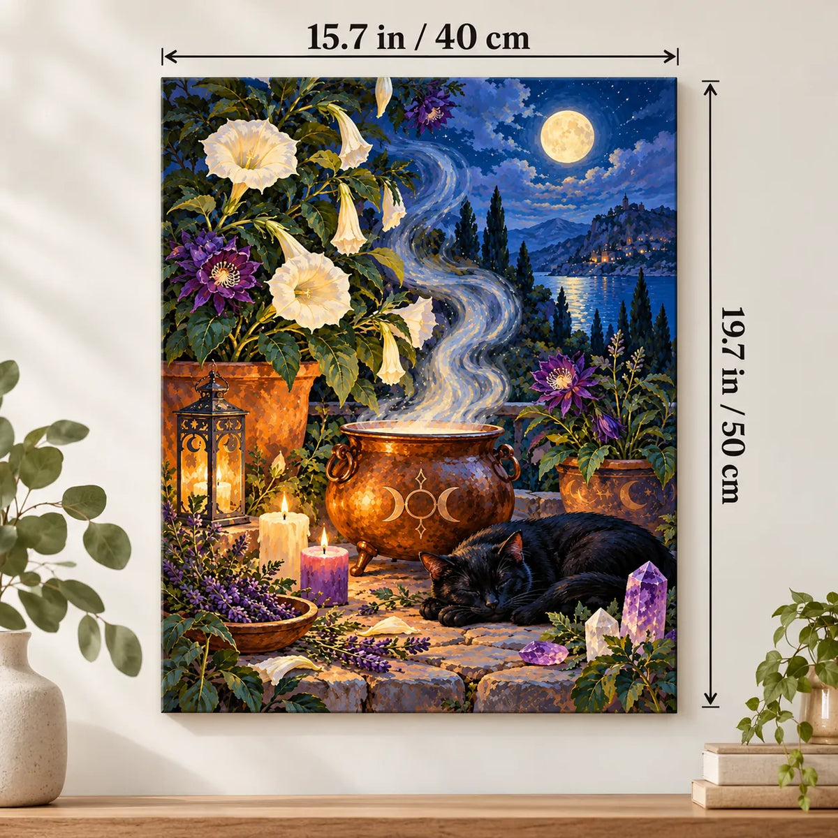 Portrait size guide for the Witch Cauldron with Black Cat in Moon Garden paint by numbers kit, 15.7 × 19.7 in (40 × 50 cm).