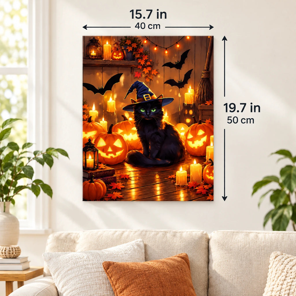 Witch Halloween Companion Black Cat paint by numbers canvas displayed in a bright living room, 15.7 × 19.7 in / 40 × 50 cm