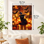 Witch Halloween Companion Black Cat paint by numbers canvas displayed in a bright living room, 15.7 × 19.7 in / 40 × 50 cm
