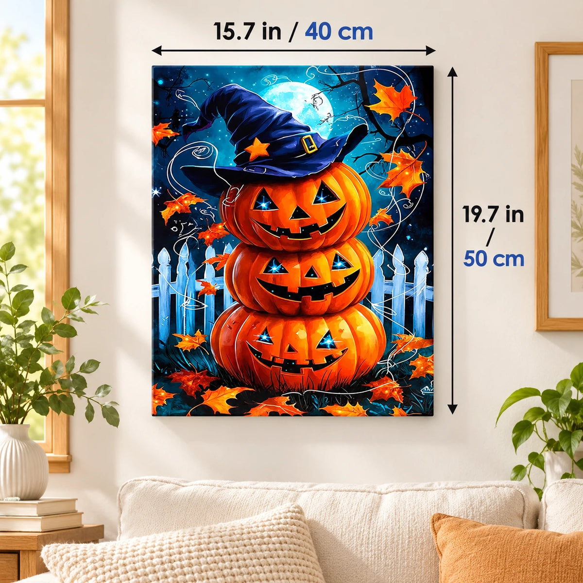 Witching Hour Pumpkins paint by numbers canvas displayed in a bright living room, 15.7 × 19.7 in / 40 × 50 cm
