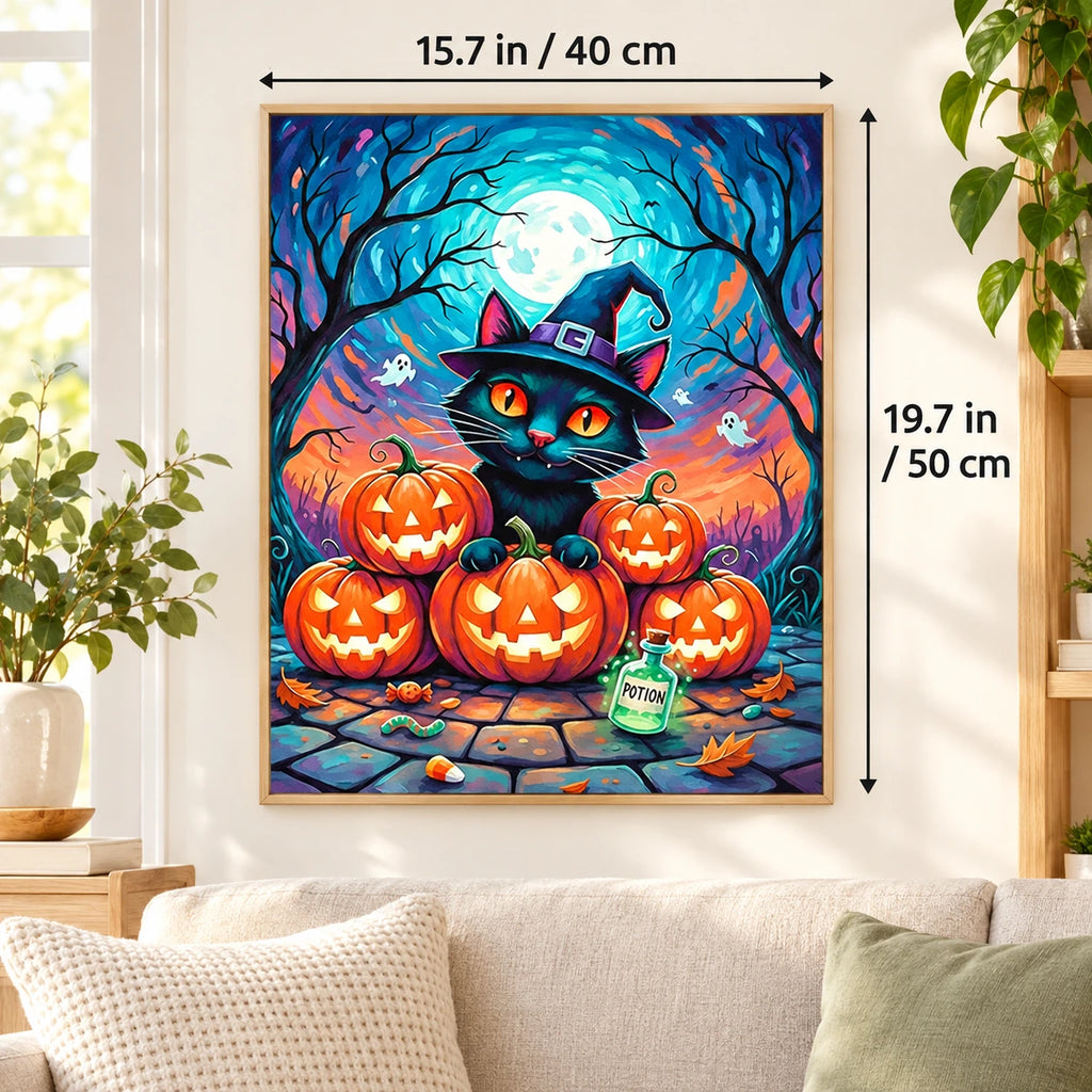Witching Hour Whiskers Black Cat paint by numbers canvas displayed in a bright living room, 15.7 × 19.7 in / 40 × 50 cm