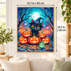 Witching Hour Whiskers Black Cat paint by numbers canvas displayed in a bright living room, 15.7 × 19.7 in / 40 × 50 cm