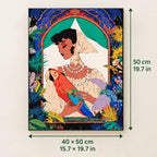 Woman With Parrot Floral Arch shown in a styled room with 15.7 x 19.7 in and 40 x 50 cm dimensions