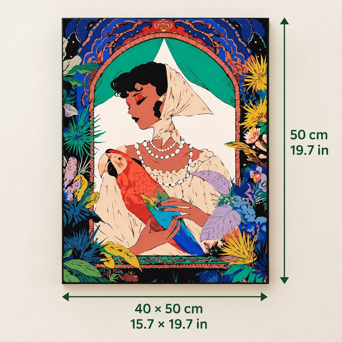 Woman With Parrot Floral Arch shown in a styled room with 15.7 x 19.7 in and 40 x 50 cm dimensions