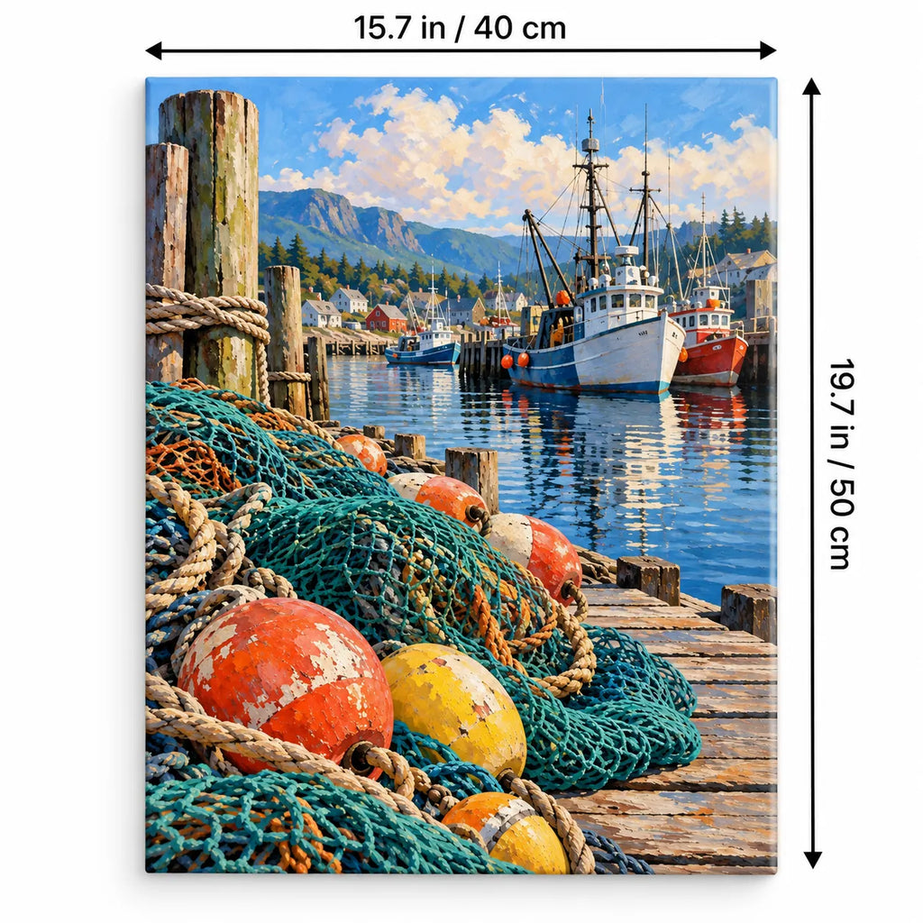 Portrait 40 × 50 cm size guide for the working harbor net mending paint by numbers kit.