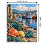 Portrait 40 × 50 cm size guide for the working harbor net mending paint by numbers kit.