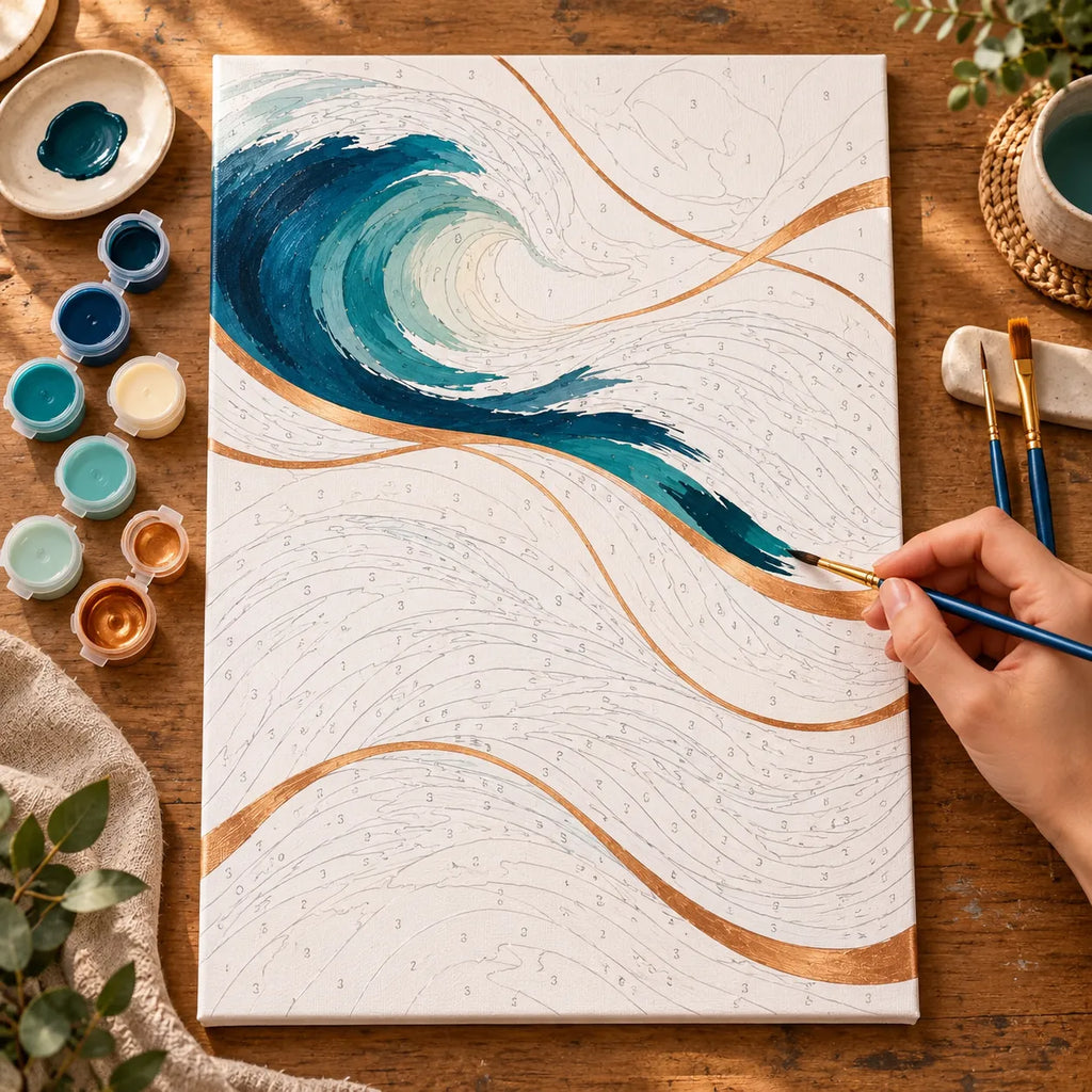 Painting process scene for the Abstract Waves Copper Lines kit, with the complete numbered canvas and painting tools.