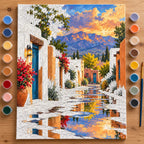 `04-albuquerque-adobe-street-painting-process.webp` — Complete numbered adobe street canvas in progress with visible edges, acrylic paints, and a brush.