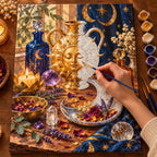 Painting process scene for the Alchemical Sun Moon Still Life kit, showing its complete numbered canvas and painting tools.