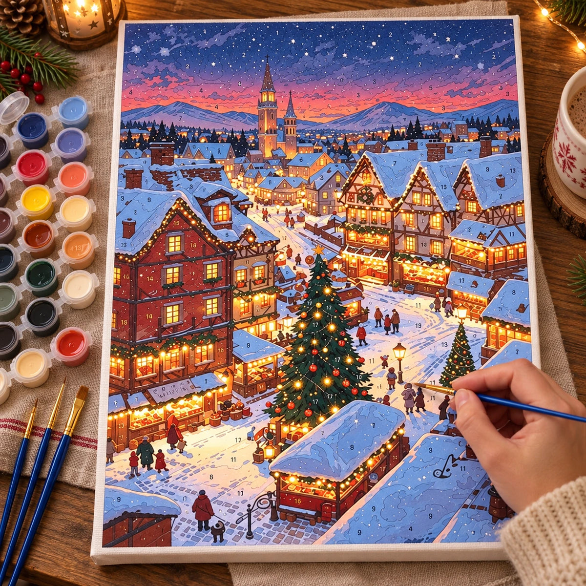 Complete Alpine Christmas Market numbered canvas being painted with acrylic paints and brushes