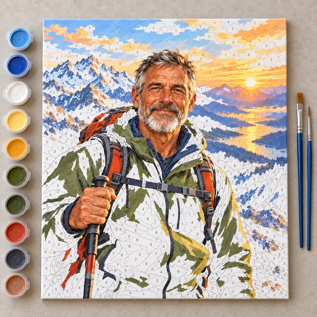 Painting process scene for the Alpine Mountaineer at a Mountain Summit kit, showing its complete numbered canvas and painting tools.