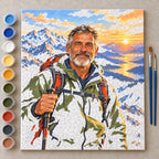 Painting process scene for the Alpine Mountaineer at a Mountain Summit kit, showing its complete numbered canvas and painting tools.